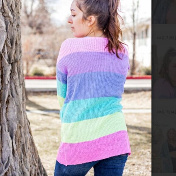 Pastel Rainbow Knit Long Sleeve Cardigan Lightweight Spring Pockets Colorblock - Picture 6 of 16